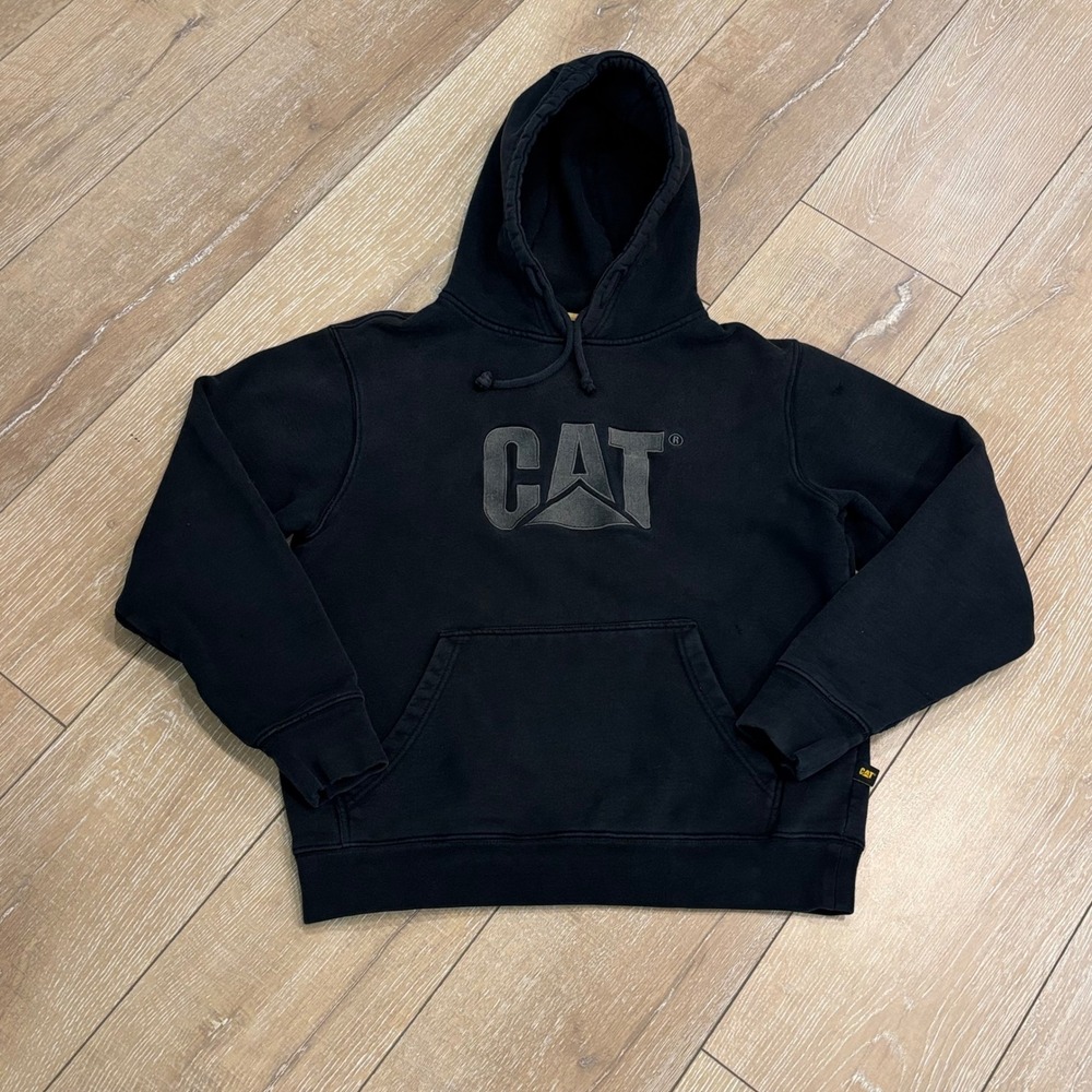 CAT Caterpillar Mens Small Black Logo Embroidered Pullover Hoodie Sweatshirt
